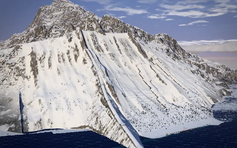Fjordline, a mountain dropping into a deep blue fjord with a red fishing village