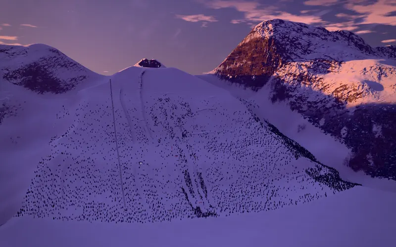 Kitsune Peak, a snowy volcano at dusk with birch forest below
