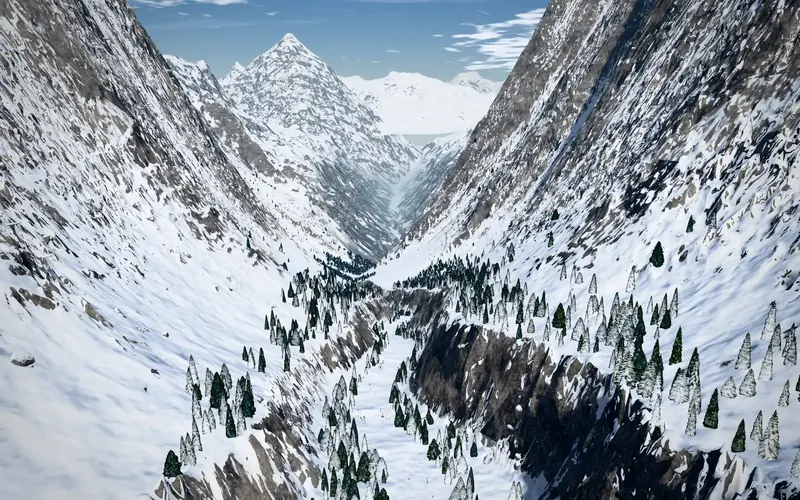 Valcrest Gully, a winding powder gully between rock walls