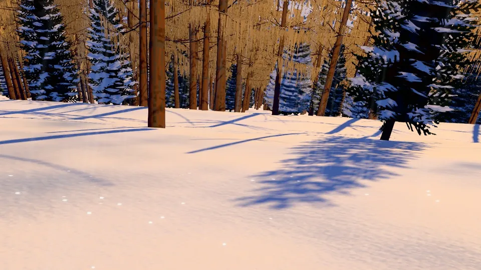 First-person view skiing through golden larches and snowy pines in low sun in SIKRUN