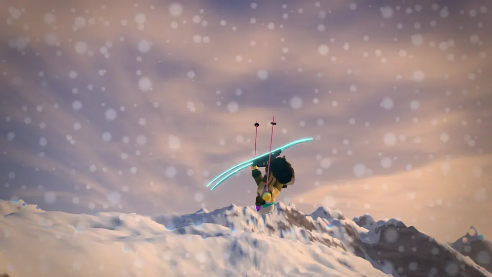 A skier upside down in a backflip against a golden evening sky in SIKRUN