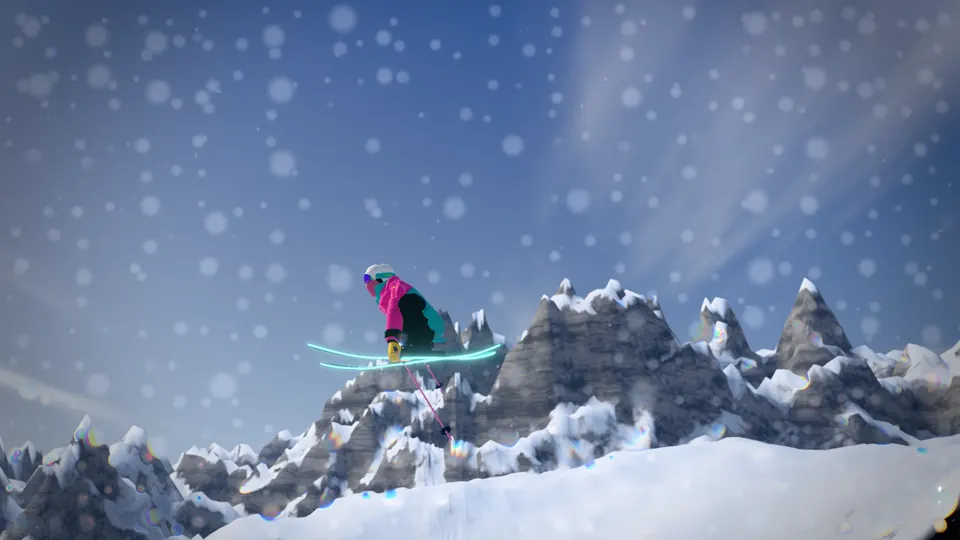 A skier holds a Japan grab high above jagged peaks under a blue sky in SIKRUN