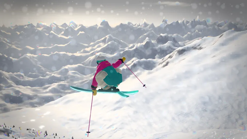A skier in a pink jacket flies low over a wide, misty snow slope in SIKRUN