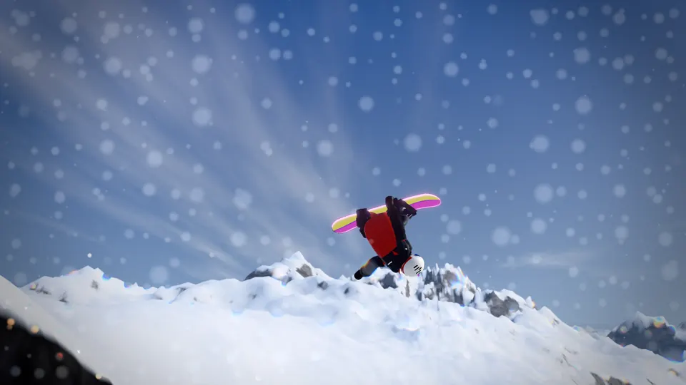 A snowboarder corks off a snowy ridge under a bright blue sky in SIKRUN