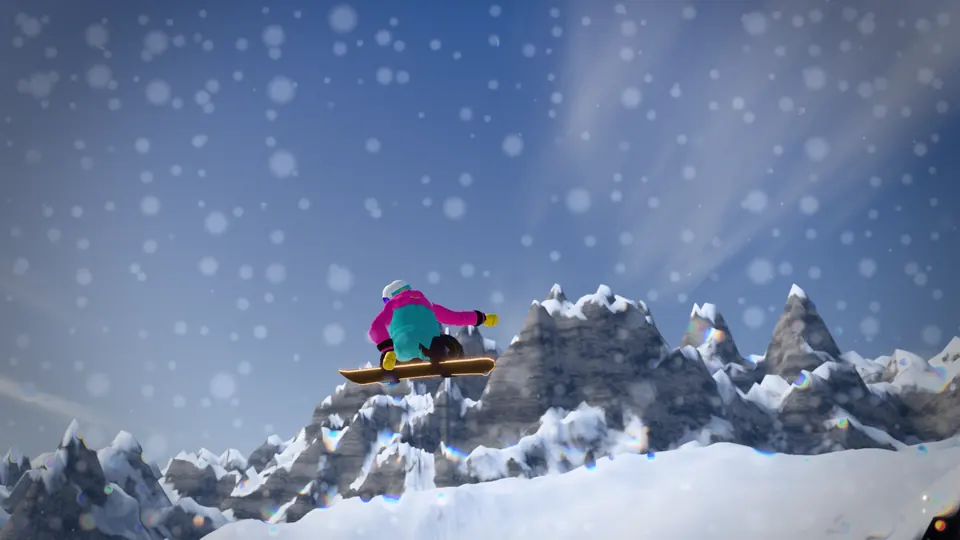 A snowboarder in a pink jacket grabs the board high above rocky peaks in SIKRUN